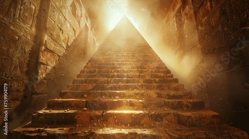 A mystical beam of light illuminates the dusty interior of an ancient Egyptian pyramid, revealing detailed hieroglyphs on its walls.