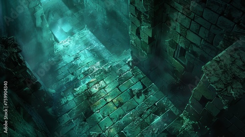 An abandoned underground passage, with its ruins bathed in an ethereal teal glow, evokes a sense of lost civilization and mystery.