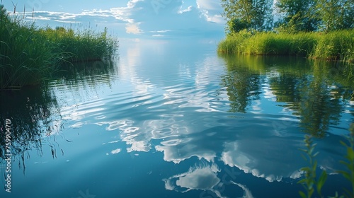 A serene lakescape capturing reflections of clouds and lush greenery on calm water at dusk.