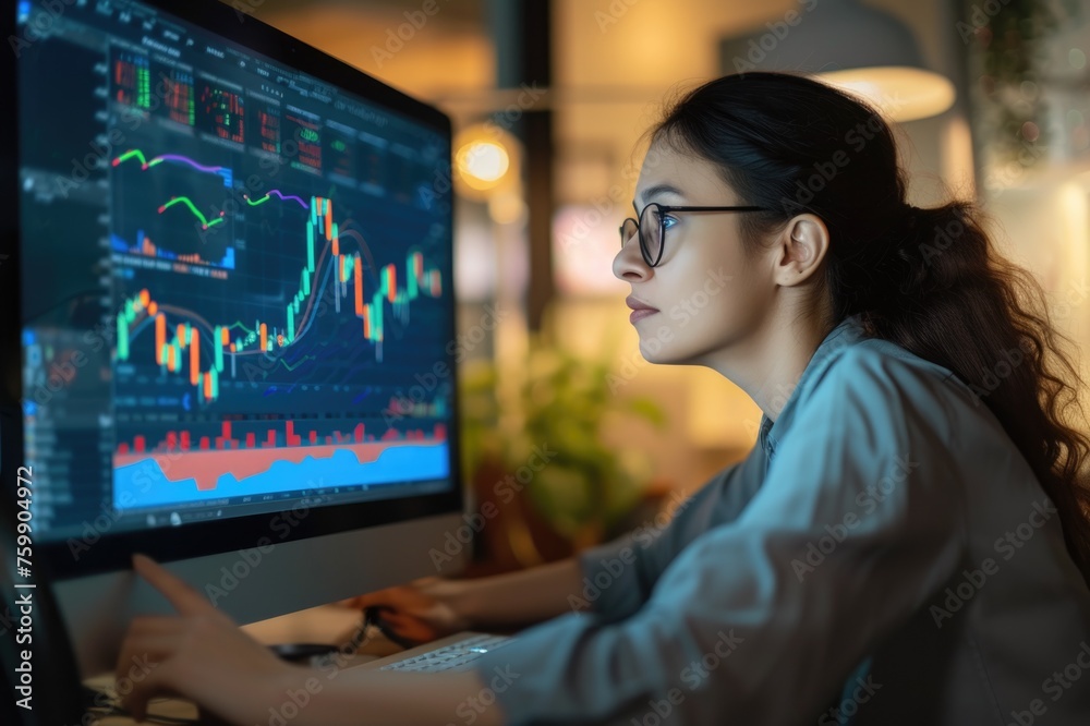 Businesswoman analyzing stock market data. Businesswoman analyzing stock market data.
