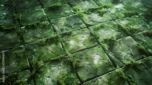 Close-up of green, moss-infused cracked tiles, showcasing the interplay of natural growth and decay with a dewy texture.