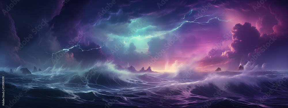 Stormy Ocean Scene with Vivid Lightning and Dark Clouds