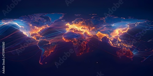 Global network map showing connectivity of Americas with data transfer technology. Concept Global Connectivity, Americas Network, Data Transfer Technology, Network Mapping, Global Connectivity