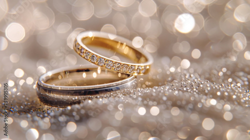 Gold and silver wedding rings rest on a glittering background.