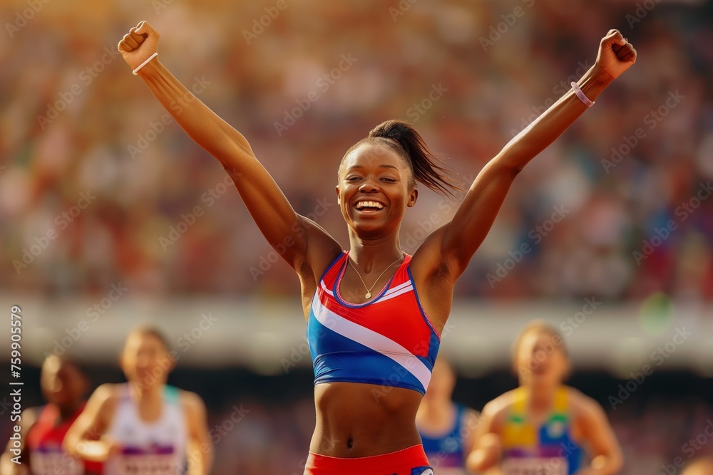 A happy and joyful black female athlete who finished first in the running competition at the International Olympic Games