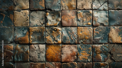 An arrangement of rustic ceramic tiles exhibiting a beautifully weathered patina and rich, earthy tones.