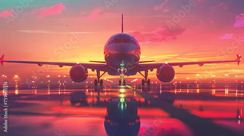 Airplane is taxiing to take off at the sunrise - retro colors