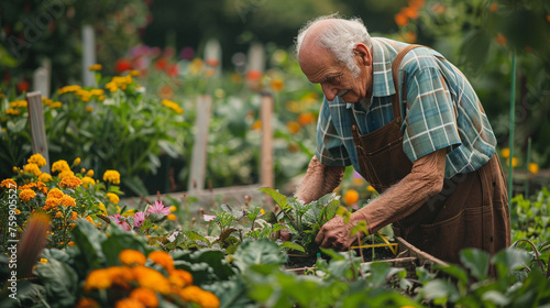 A retired gentleman tending to his backyard garden, cultivating a colorful array of flowers and vegetables with tender loving care — ventures, travel, entertainment and hobbies, ha