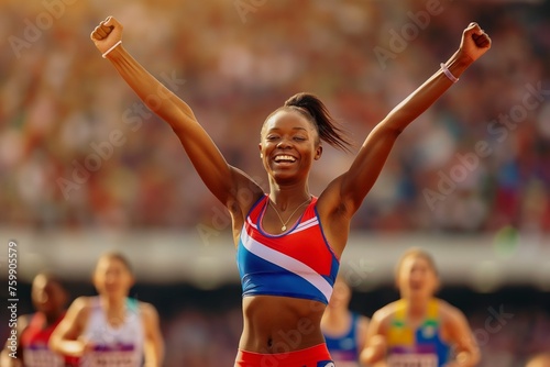 A happy and joyful black female athlete who finished first in the running competition at the International Olympic Games © Vadim