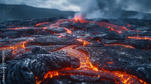 Twilight over a harsh volcanic landscape, with rivers of glowing lava flowing from an active eruption under a smoky sky.