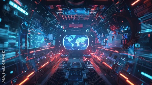 Inside a science fiction spaceship command center, featuring a central hologram of Earth surrounded by futuristic control panels and interfaces.