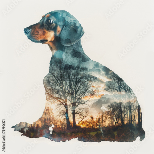 Double Exposure of Dachshund Silhouette and Park Watercolor Art Gen AI photo