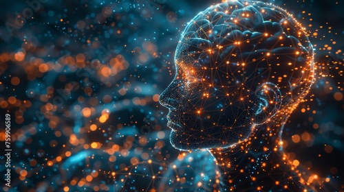 Conceptual art of a human head silhouette outlined by a complex network of glowing nodes and lines  representing cognitive connections and intelligence.