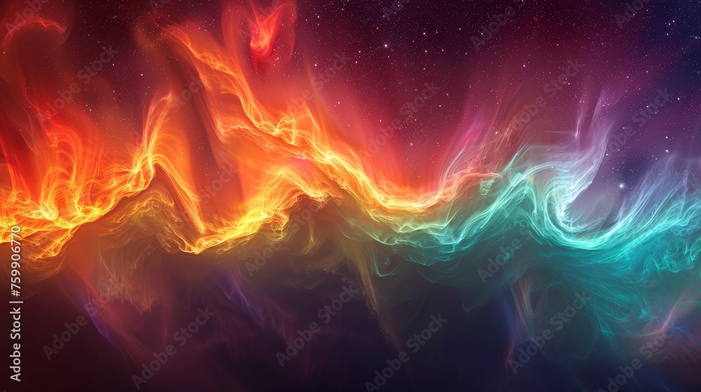 A vivid display of nebula waves in fiery orange and cool teal stretching across a star-spangled cosmic backdrop, evoking the dynamic forces of a starfield.