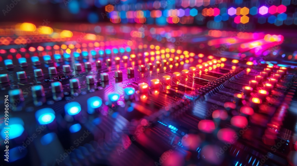 A close-up of a professional audio mixer's illuminated control surface, with a dazzling array of red and blue LED lights reflecting the complexity of sound engineering. A close-up of a professional audio mixer's illuminated control surface, with a dazzling array of red and blue LED lights reflecting the complexity of sound engineering.