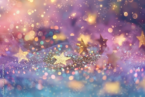 Glittering gradient backdrop with a holographic effect Filled with magic lights Gold stars And festive blurs for a fantasy feel