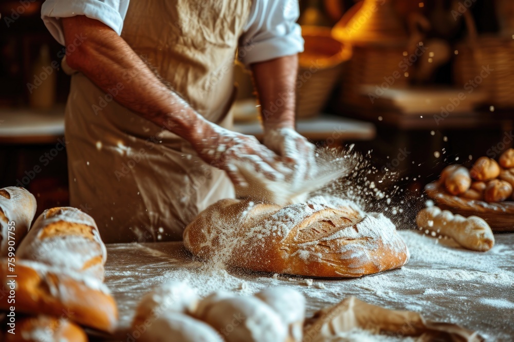 Artisan baker kneading dough in rustic bakery.