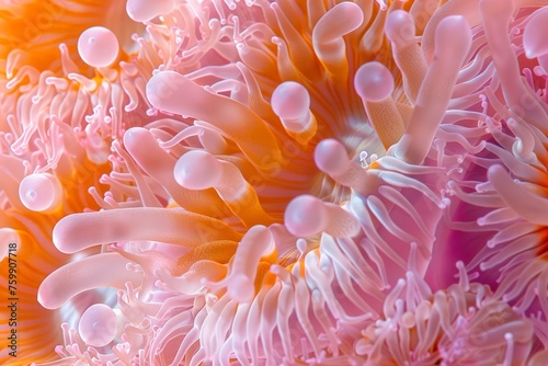 An orange and pink sea anemone sways gently in the water, showcasing its vibrant colors and delicate tentacles.