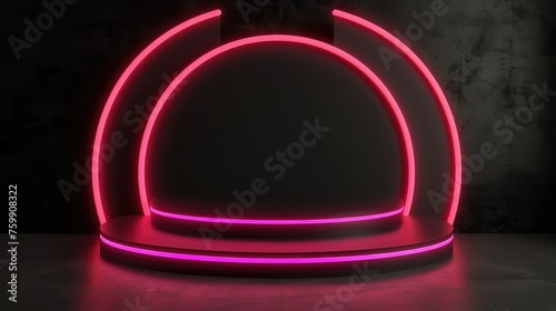 Black Friday Sale Concept. Circle Pink podium, decoration with neon light white round design on dark background.