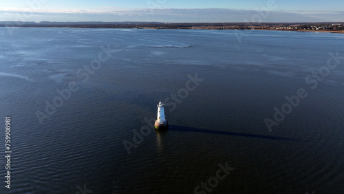 Aerial view of the Great Beds Lighthouse on the Raritan Bay in front of South Amboy, NJ