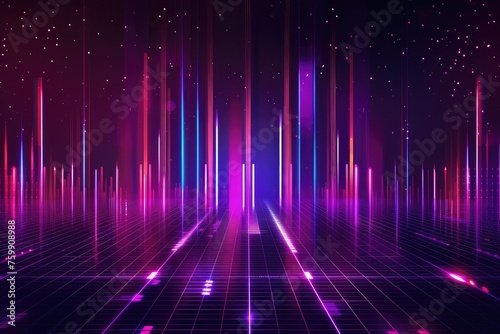 Digital equalizer sound wave vector illustration. Music neon background. Illuminated digital wave of glowing particles.