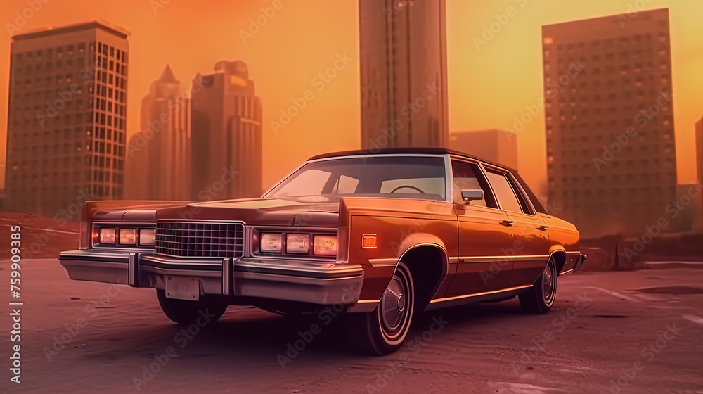 Expesive retro car in 70s style on the urban street with orange sky.