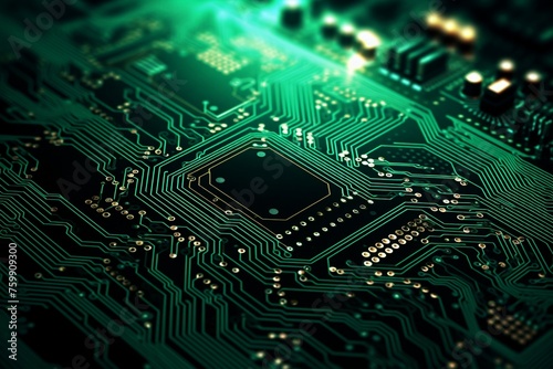 An up-close view of an electronic circuit board, displaying its various components and a central processing unit. Created with generative AI tools