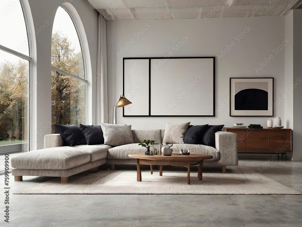 Fototapeta premium Home interior design of modern living room with Curved sofa against arched window near white living wall with painting art poster frame with white Background