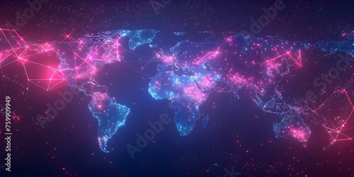 Interactive digital world map with neon pathways and vibrant colors. Concept Digital World Map, Neon Pathways, Vibrant Colors, Interactive Design