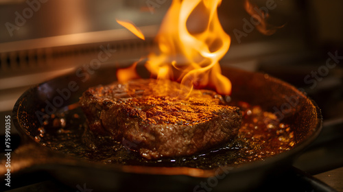 Juicy Steak Sizzling on a Flaming Griddle in a Restaurant Kitchen