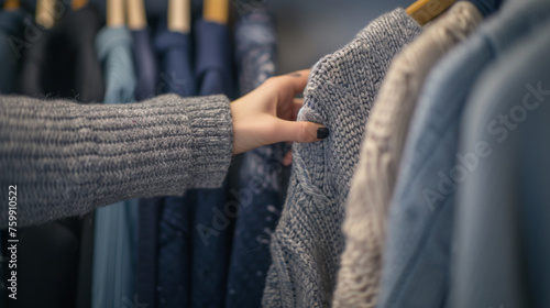 person's hand is selecting a pair of jeans from a rack of various denim clothes in a retail clothing store. © Natali