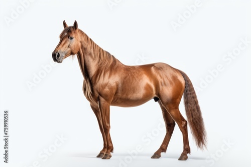 Majestic chestnut horse standing profile  with shiny coat and flowing tail on a white background