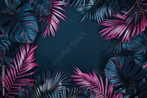 A retro-style banner featuring neon palm leaves and frame on a black background in 3D rendering. © Suwanlee