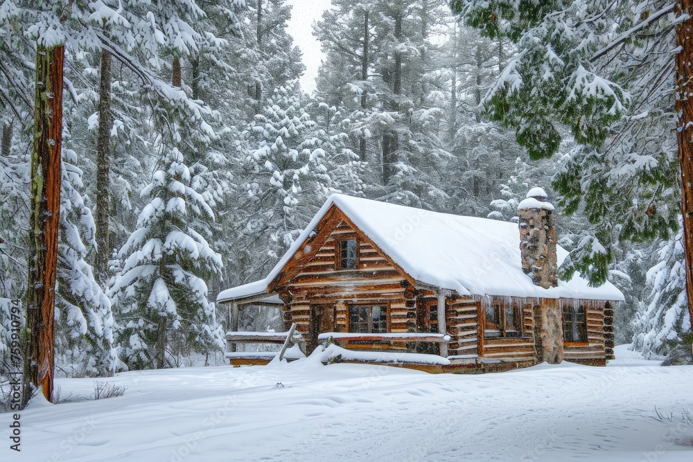 A log cabin nestled in the snowy woods, surrounded by trees and covered in a thick layer of snow, A rustic cabin sitting peacefully in a snowy forest, AI Generated
