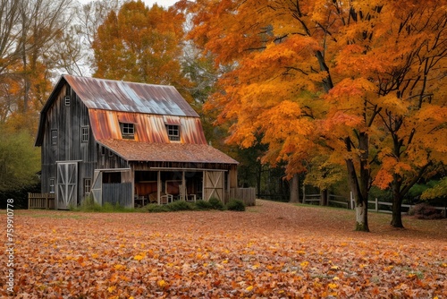 A worn barn with a rusted tin roof stands amidst vibrant autumn leaves, A rustic barn house surrounded by autumn leaves, AI Generated