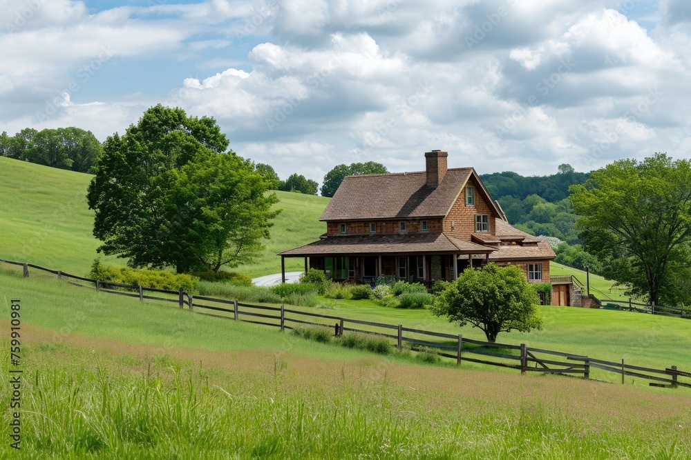 A photo of a sizable house situated atop a vibrant green field, A rustic farmhouse nestled among rolling green hills, AI Generated A photo of a sizable house situated atop a vibrant green field, A rustic farmhouse nestled among rolling green hills, AI Generated
