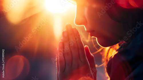 Serene Woman Praying in Golden Sunlight