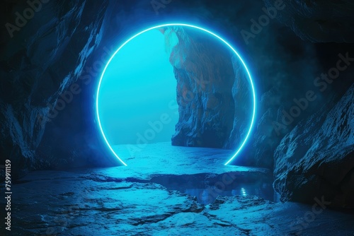 abstract background, bright blue neon light shining out of the hole in the wall