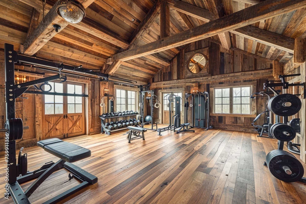 A busy and fully equipped gym with an extensive array of exercise machines and equipment, A rustic styled gym with wood finishing, AI Generated