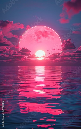 A striking image featuring a vivid pink moon rising above a calm sea with reflections  conveying serenity and wonder