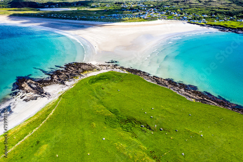 Aerial view of the Inishkeel and the awarded Narin Beach by Portnoo, County Donegal, Ireland