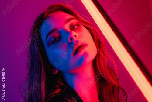 Portrait of a young girl in blue-pink saturated neon tones.