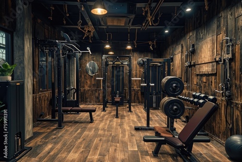 A large and well-equipped gym filled with a variety of exercise machines and equipment for strength training and cardio workouts, A rustic styled gym with wood finishing, AI Generated