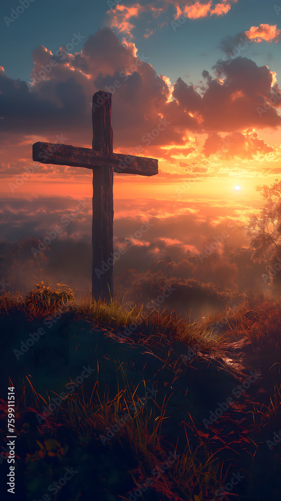Serene Sunset at a Cross amidst Blossoming Wildflowers