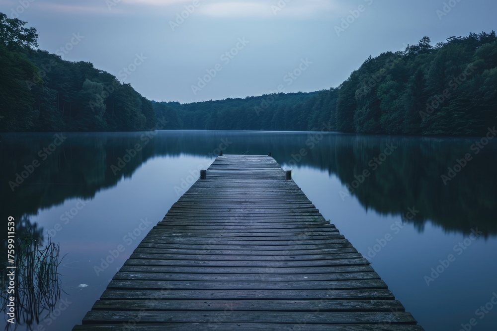 Fototapeta premium Wooden Dock in the Middle of a Lake, A rustic, wooden fishing pier stretching out into a serene lake at dusk, AI Generated