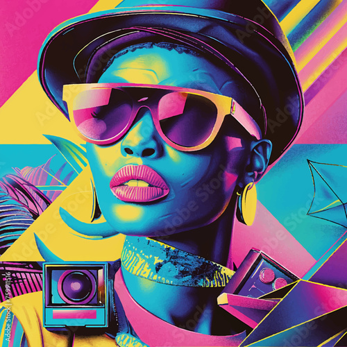 A vibrant, psychedelic illustration of an African American woman with sleek hair and stylish sunglasses, wearing trendy attire