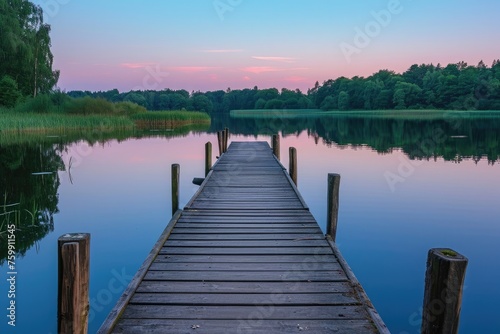 A wooden dock extends over calm and clear lake waters surrounded by serene natural surroundings, A rustic, wooden fishing pier stretching out into a serene lake at dusk, AI Generated