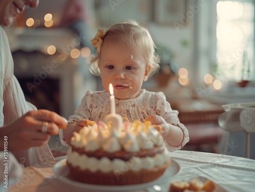 Little girl celebrating her first birthday, curiously looking at a cake with a single lit candle photo