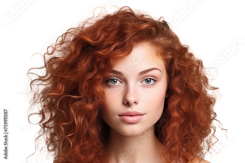 Portrait of young beautiful curly woman isolated on transparent background.