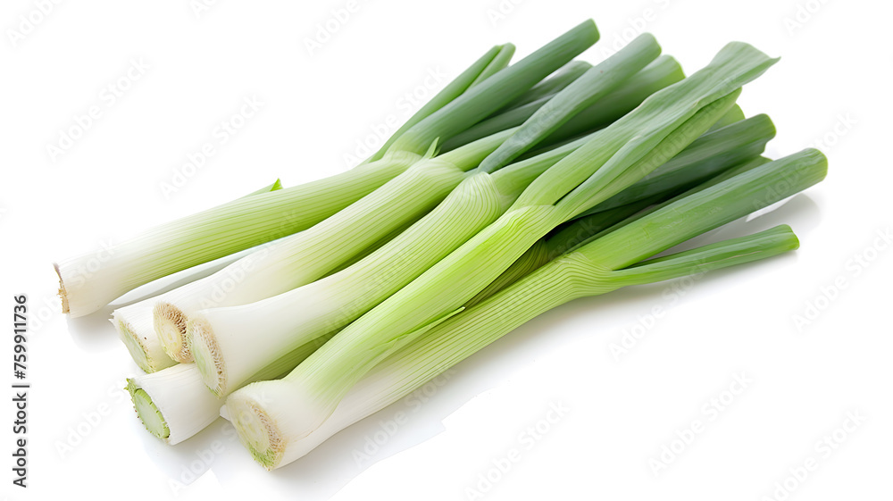 Fresh Green Leeks on White Background for Healthy Cooking Fresh Green Leeks on White Background for Healthy Cooking